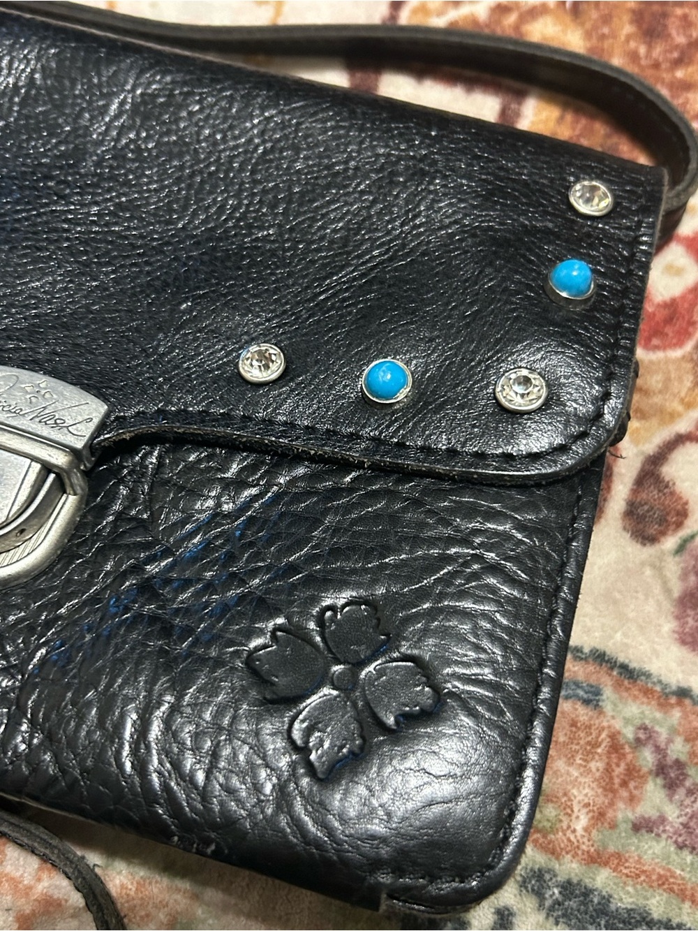 Patricia Nash Bianco black leather studded shoulder crossbody w built in wallet - Picture 3 of 15